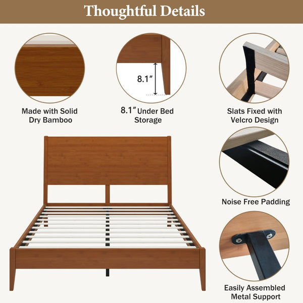 English Elm Mid-Century Solid Bamboo Queen Sleigh Bed Walnut Finish Natural Grain Sled Frame BS701P469055D