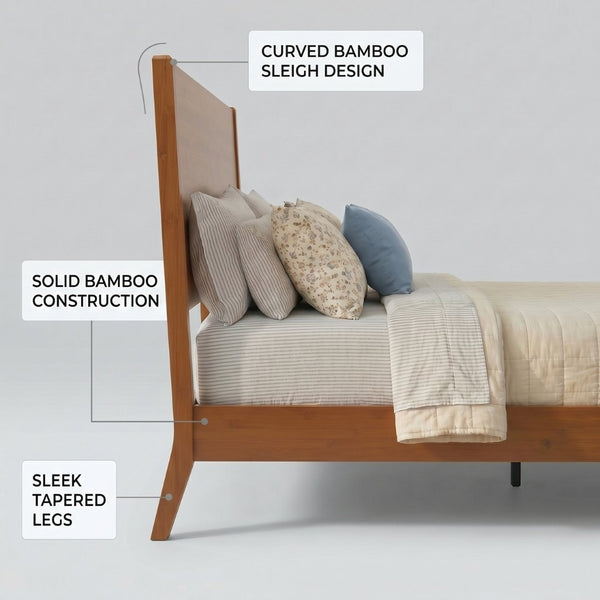English Elm Mid-Century Solid Bamboo Queen Sleigh Bed Walnut Finish Natural Grain Sled Frame BS701P469055D