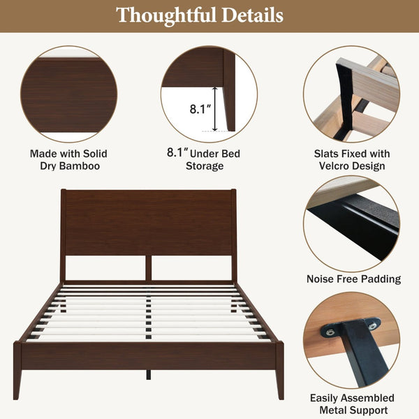 English Elm Mid-Century Danish Solid Bamboo Sleigh Bed Frame with Slat Support No Box Spring Queen BS701P469055Q