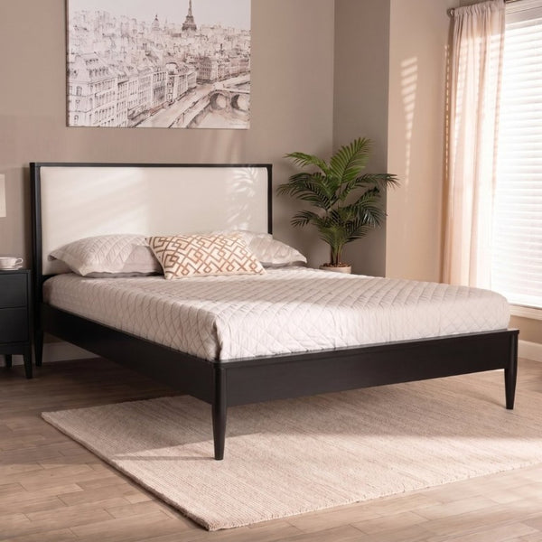 English Elm Mid-Century Queen Platform Bed Boucle Headboard Solid Wood Frame Tapered Legs Black BS701P472138B