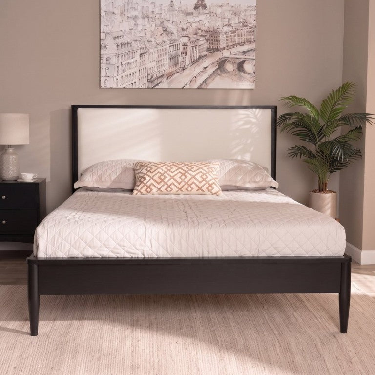 English Elm Mid-Century Queen Platform Bed Boucle Headboard Solid Wood Frame Tapered Legs Black BS701P472138B