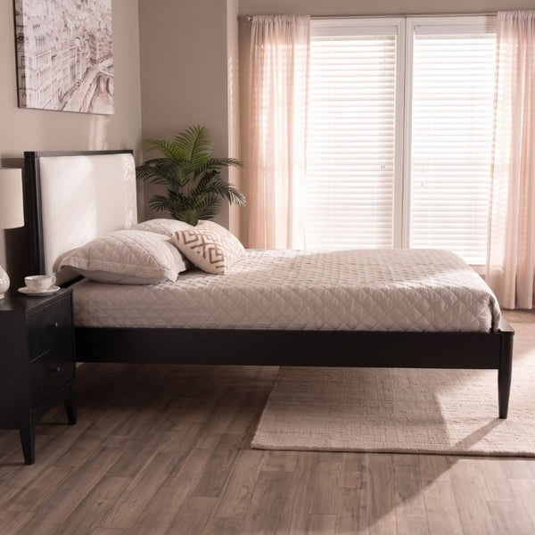 English Elm Mid-Century Queen Platform Bed Boucle Headboard Solid Wood Frame Tapered Legs Black BS701P472138B