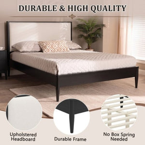 English Elm Mid-Century Queen Platform Bed Boucle Headboard Solid Wood Frame Tapered Legs Black BS701P472138B