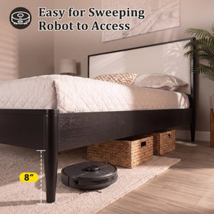 English Elm Mid-Century Queen Platform Bed Boucle Headboard Solid Wood Frame Tapered Legs Black BS701P472138B
