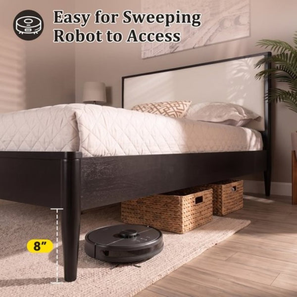 English Elm Mid-Century Queen Platform Bed Boucle Headboard Solid Wood Frame Tapered Legs Black BS701P472138B