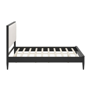 English Elm Mid-Century Queen Platform Bed Boucle Headboard Solid Wood Frame Tapered Legs Black BS701P472138B