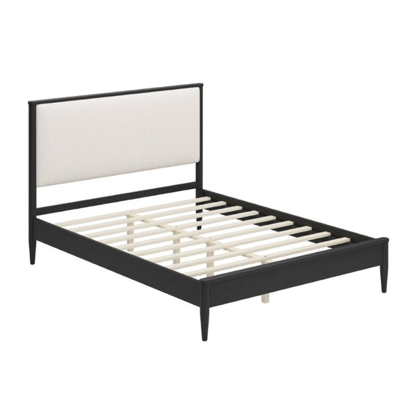 English Elm Mid-Century Queen Platform Bed Boucle Headboard Solid Wood Frame Tapered Legs Black BS701P472138B