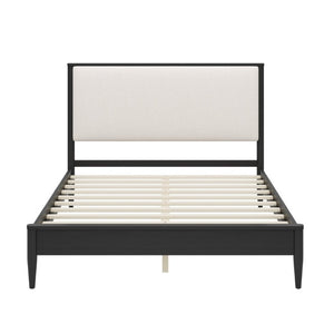 English Elm Mid-Century Queen Platform Bed Boucle Headboard Solid Wood Frame Tapered Legs Black BS701P472138B
