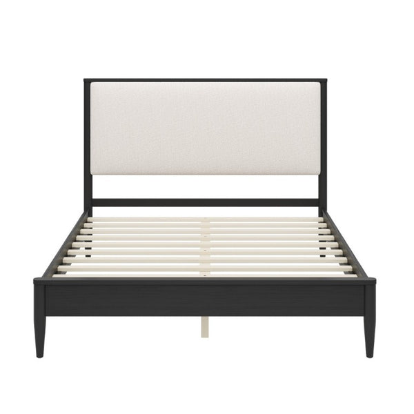 English Elm Mid-Century Queen Platform Bed Boucle Headboard Solid Wood Frame Tapered Legs Black BS701P472138B