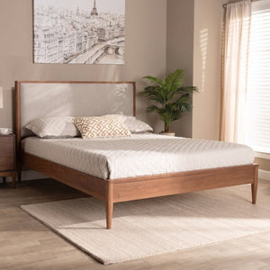English Elm Mid-Century Queen Platform Bed Boucle Headboard Solid Wood Frame Tapered Legs Walnut BS701P472138D