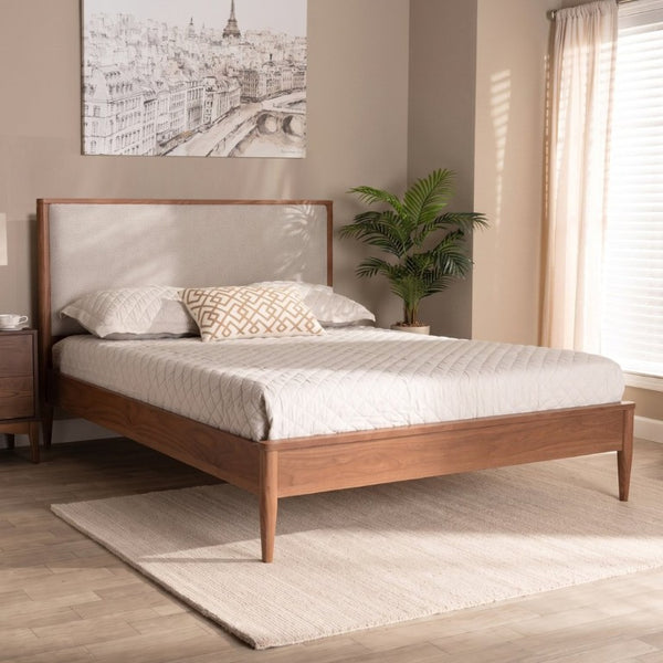 English Elm Mid-Century Queen Platform Bed Boucle Headboard Solid Wood Frame Tapered Legs Walnut BS701P472138D