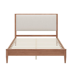 English Elm Mid-Century Queen Platform Bed Boucle Headboard Solid Wood Frame Tapered Legs Walnut BS701P472138D