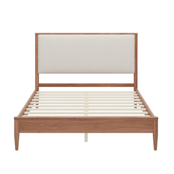 English Elm Mid-Century Queen Platform Bed Boucle Headboard Solid Wood Frame Tapered Legs Walnut BS701P472138D