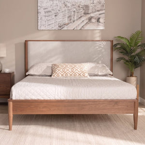 English Elm Mid-Century Queen Platform Bed Boucle Headboard Solid Wood Frame Tapered Legs Walnut BS701P472138D