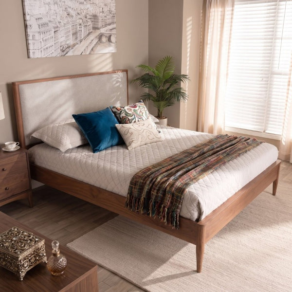 English Elm Mid-Century Queen Platform Bed Boucle Headboard Solid Wood Frame Tapered Legs Walnut BS701P472138D