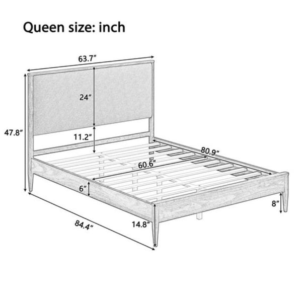 English Elm Mid-Century Queen Platform Bed Boucle Headboard Solid Wood Frame Tapered Legs Walnut BS701P472138D