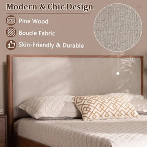 English Elm Mid-Century Queen Platform Bed Boucle Headboard Solid Wood Frame Tapered Legs Walnut BS701P472138D