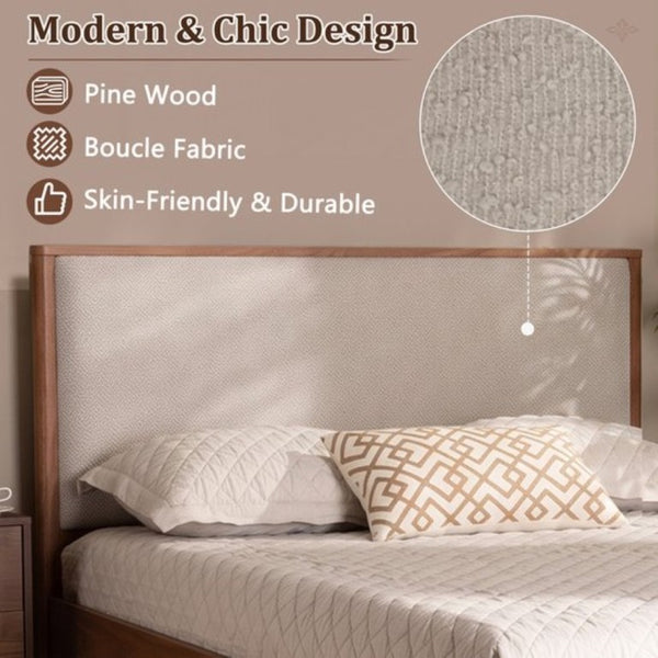 English Elm Mid-Century Queen Platform Bed Boucle Headboard Solid Wood Frame Tapered Legs Walnut BS701P472138D