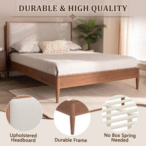 English Elm Mid-Century Queen Platform Bed Boucle Headboard Solid Wood Frame Tapered Legs Walnut BS701P472138D