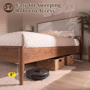 English Elm Mid-Century Queen Platform Bed Boucle Headboard Solid Wood Frame Tapered Legs Walnut BS701P472138D