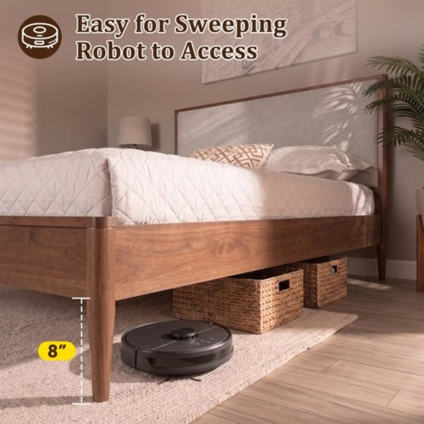 English Elm Mid-Century Queen Platform Bed Boucle Headboard Solid Wood Frame Tapered Legs Walnut BS701P472138D