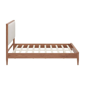 English Elm Mid-Century Queen Platform Bed Boucle Headboard Solid Wood Frame Tapered Legs Walnut BS701P472138D