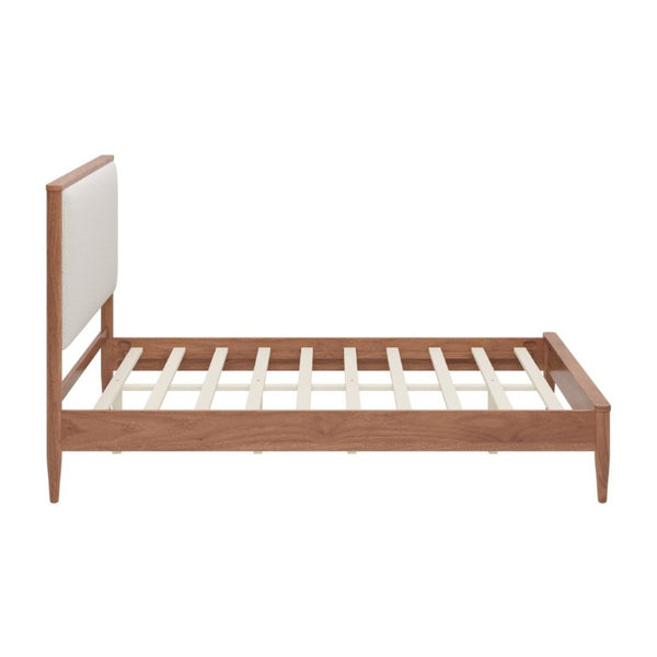 English Elm Mid-Century Queen Platform Bed Boucle Headboard Solid Wood Frame Tapered Legs Walnut BS701P472138D
