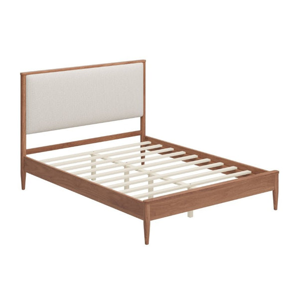 English Elm Mid-Century Queen Platform Bed Boucle Headboard Solid Wood Frame Tapered Legs Walnut BS701P472138D
