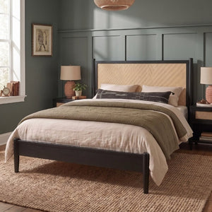 English Elm Queen Platform Bed Woven PE Rattan Headboard Pine Frame Boho Coastal Bedroom Black BS701P473011B