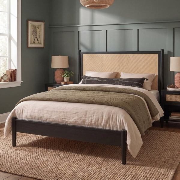 English Elm Queen Platform Bed Woven PE Rattan Headboard Pine Frame Boho Coastal Bedroom Black BS701P473011B