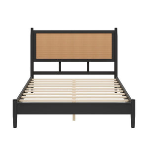 English Elm Queen Platform Bed Woven PE Rattan Headboard Pine Frame Boho Coastal Bedroom Black BS701P473011B