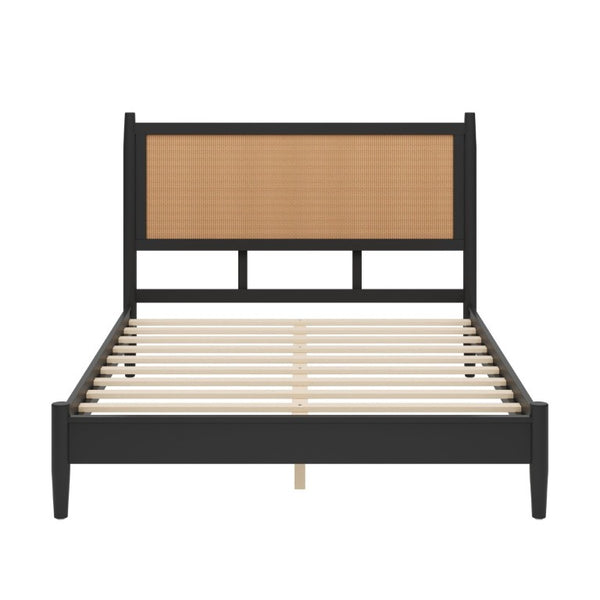 English Elm Queen Platform Bed Woven PE Rattan Headboard Pine Frame Boho Coastal Bedroom Black BS701P473011B