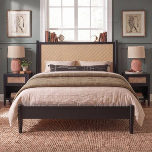 English Elm Queen Platform Bed Woven PE Rattan Headboard Pine Frame Boho Coastal Bedroom Black BS701P473011B
