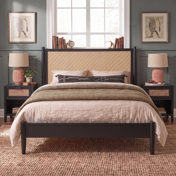 English Elm Queen Platform Bed Woven PE Rattan Headboard Pine Frame Boho Coastal Bedroom Black BS701P473011B
