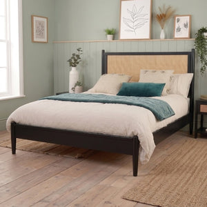 English Elm Queen Platform Bed Woven PE Rattan Headboard Pine Frame Boho Coastal Bedroom Black BS701P473011B