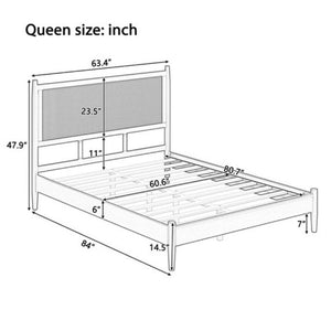 English Elm Queen Platform Bed Woven PE Rattan Headboard Pine Frame Boho Coastal Bedroom Black BS701P473011B
