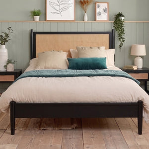 English Elm Queen Platform Bed Woven PE Rattan Headboard Pine Frame Boho Coastal Bedroom Black BS701P473011B