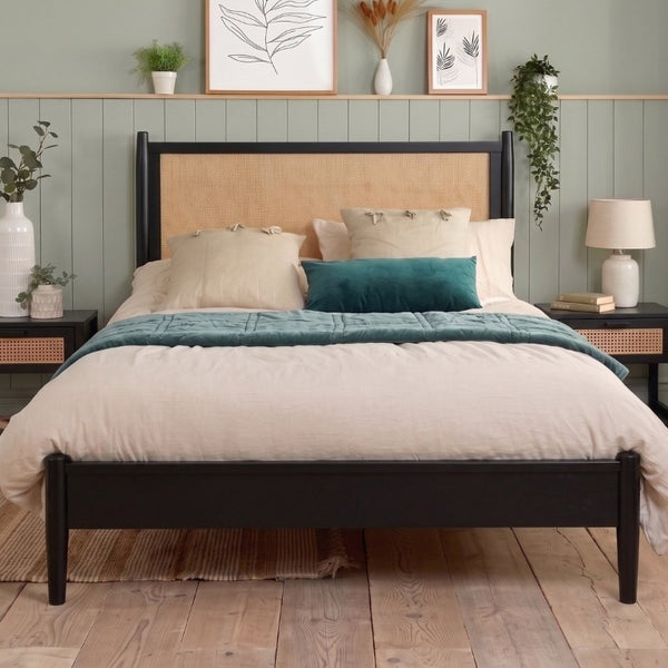 English Elm Queen Platform Bed Woven PE Rattan Headboard Pine Frame Boho Coastal Bedroom Black BS701P473011B