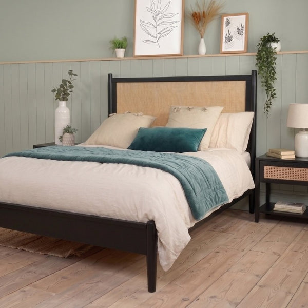 English Elm Queen Platform Bed Woven PE Rattan Headboard Pine Frame Boho Coastal Bedroom Black BS701P473011B