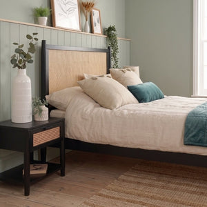 English Elm Queen Platform Bed Woven PE Rattan Headboard Pine Frame Boho Coastal Bedroom Black BS701P473011B
