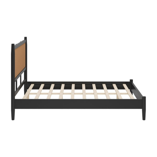 English Elm Queen Platform Bed Woven PE Rattan Headboard Pine Frame Boho Coastal Bedroom Black BS701P473011B