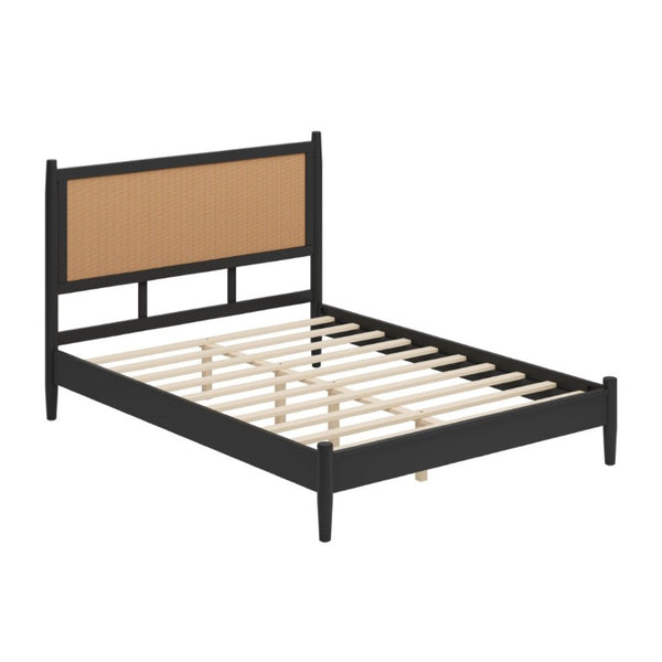 English Elm Queen Platform Bed Woven PE Rattan Headboard Pine Frame Boho Coastal Bedroom Black BS701P473011B
