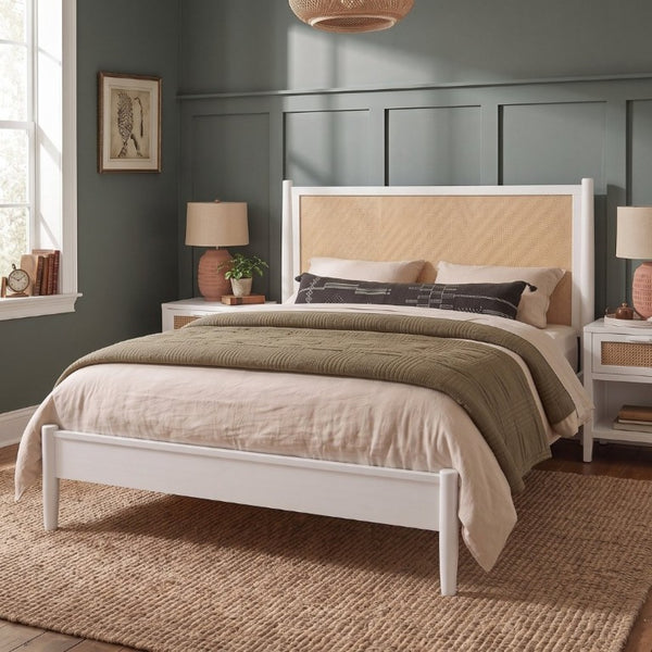 English Elm Queen Platform Bed Woven PE Rattan Headboard Pine Frame Boho Coastal Bedroom White BS701P473011K