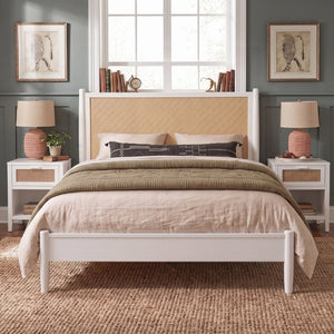 English Elm Queen Platform Bed Woven PE Rattan Headboard Pine Frame Boho Coastal Bedroom White BS701P473011K