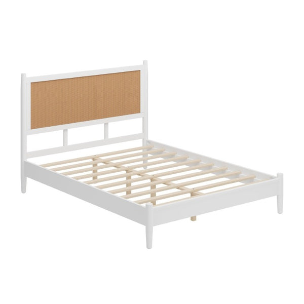 English Elm Queen Platform Bed Woven PE Rattan Headboard Pine Frame Boho Coastal Bedroom White BS701P473011K