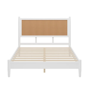 English Elm Queen Platform Bed Woven PE Rattan Headboard Pine Frame Boho Coastal Bedroom White BS701P473011K