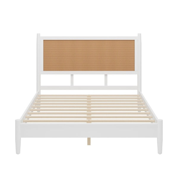 English Elm Queen Platform Bed Woven PE Rattan Headboard Pine Frame Boho Coastal Bedroom White BS701P473011K