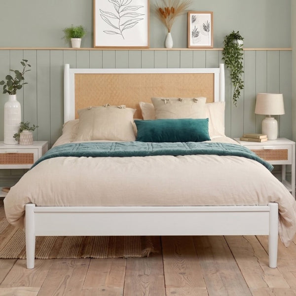 English Elm Queen Platform Bed Woven PE Rattan Headboard Pine Frame Boho Coastal Bedroom White BS701P473011K