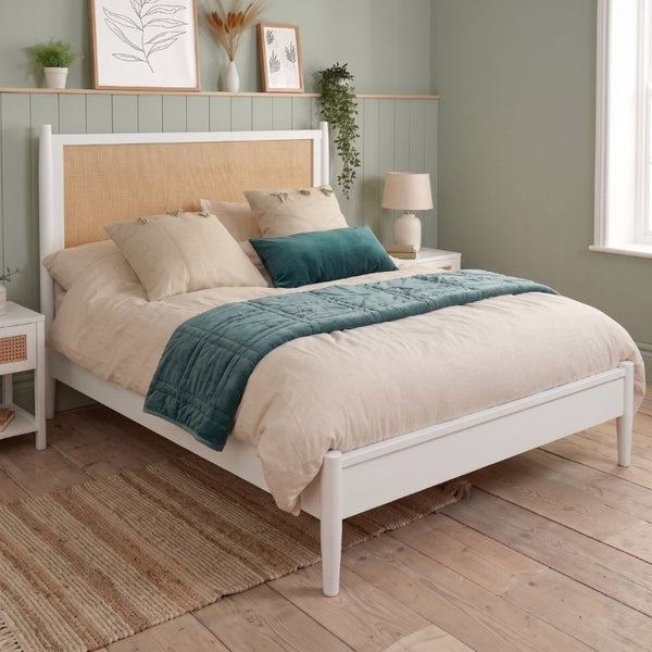 English Elm Queen Platform Bed Woven PE Rattan Headboard Pine Frame Boho Coastal Bedroom White BS701P473011K
