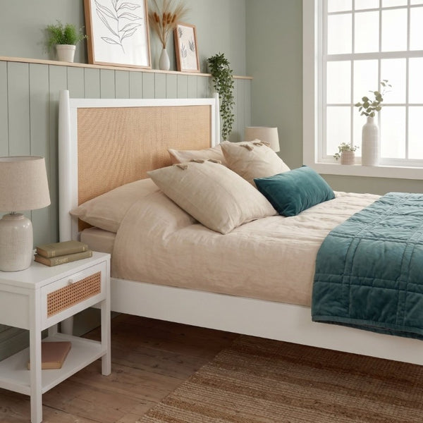 English Elm Queen Platform Bed Woven PE Rattan Headboard Pine Frame Boho Coastal Bedroom White BS701P473011K